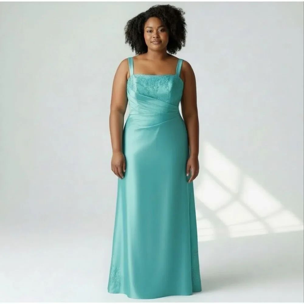 ONYX Nite Sleeveless Solid Blue Wrap Long Prom Dress with beading size 14W